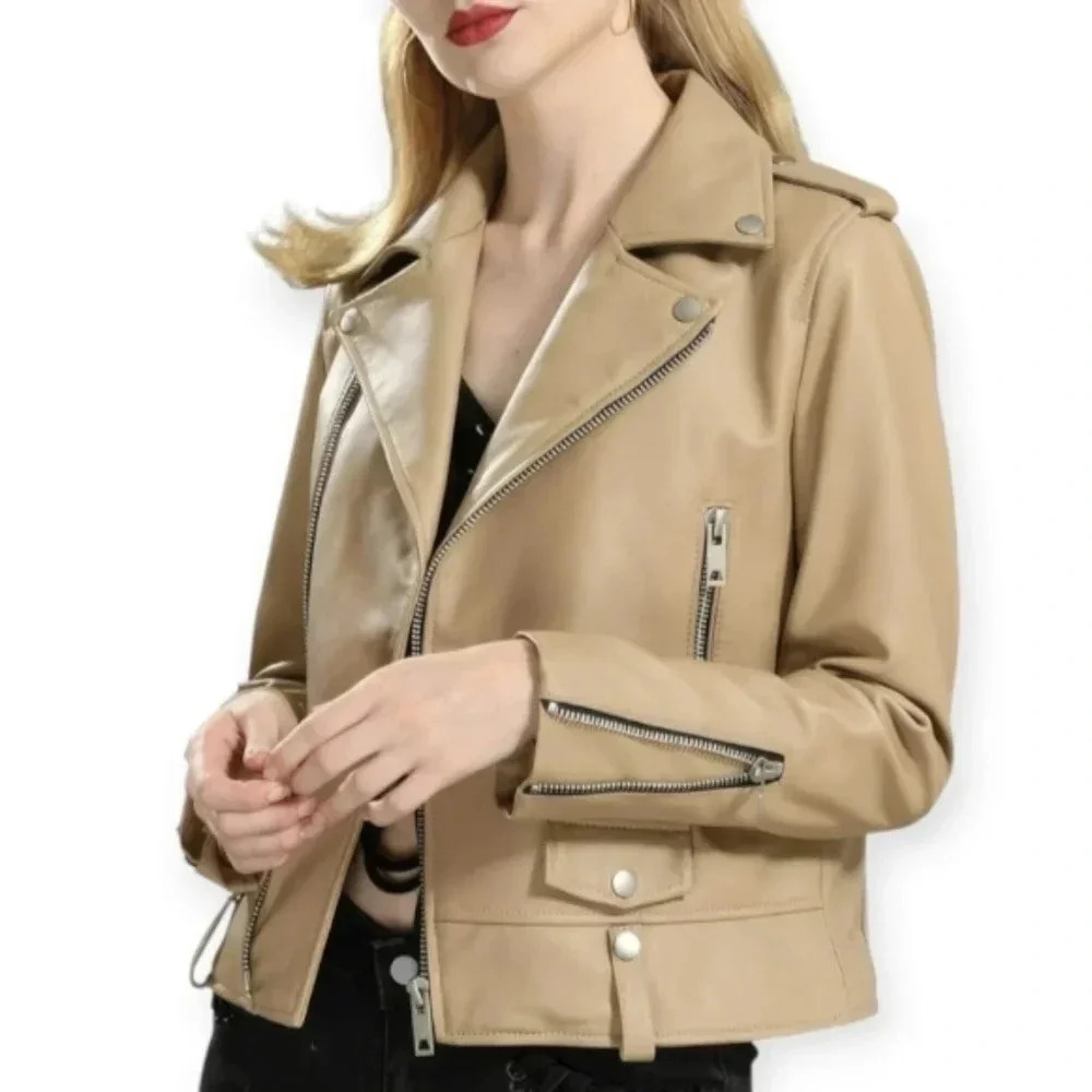 Bershka Vegan Leather Moto Jacket XS Beige Motorcycle Coat